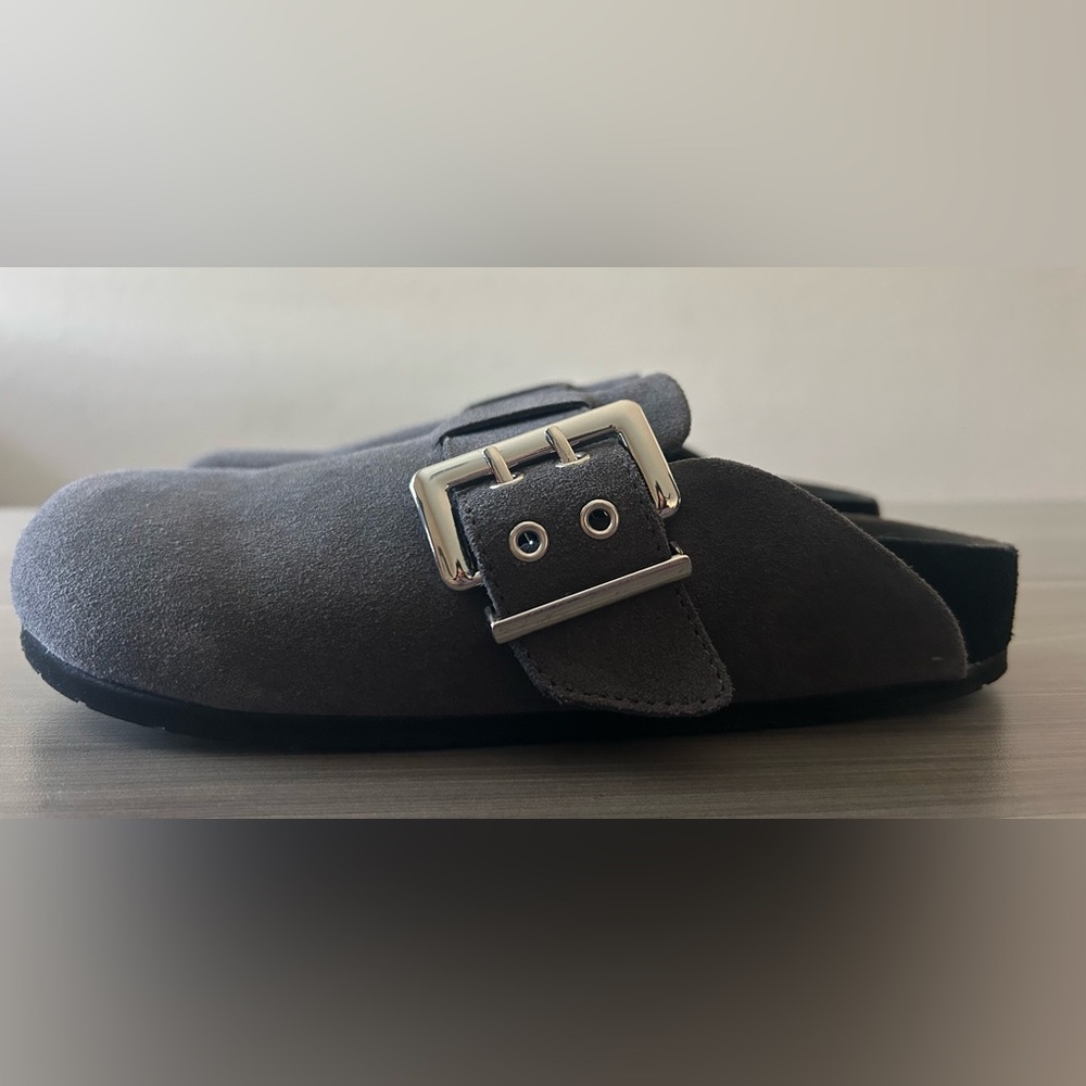 Steve Madden Gray Suede Mules with Silver Buckle